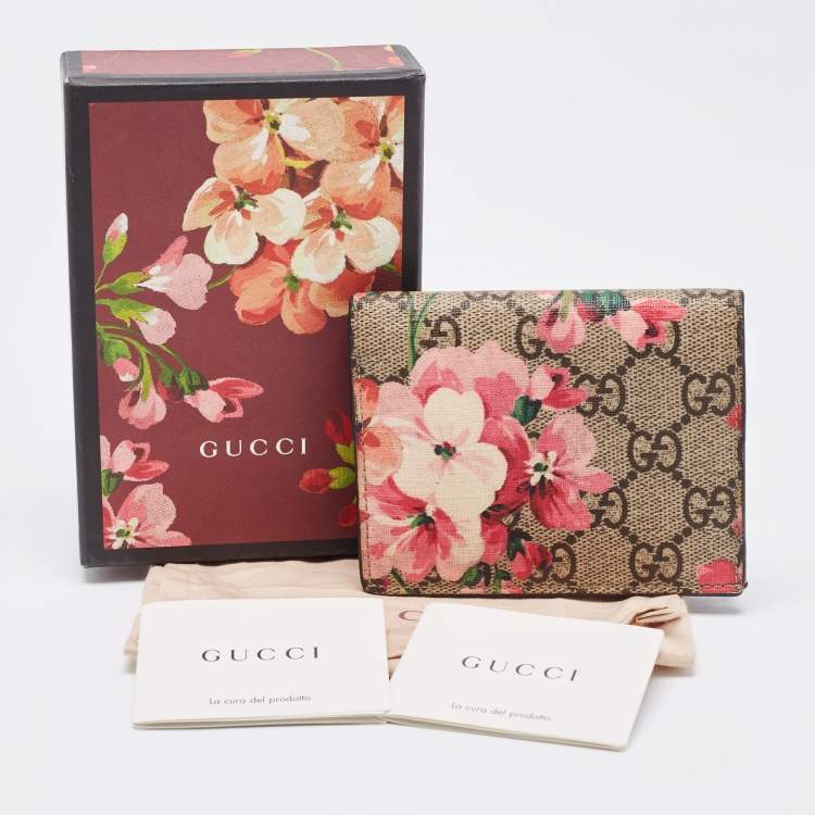 Pre Owned Gucci Beige/Pink GG Supreme Canvas Blooms Card Case