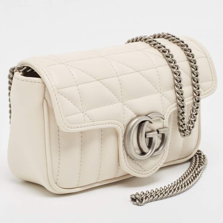 Pre Owned Gucci Off White Matelasse Leather Super Mini GG Marmont Shoulder Bag