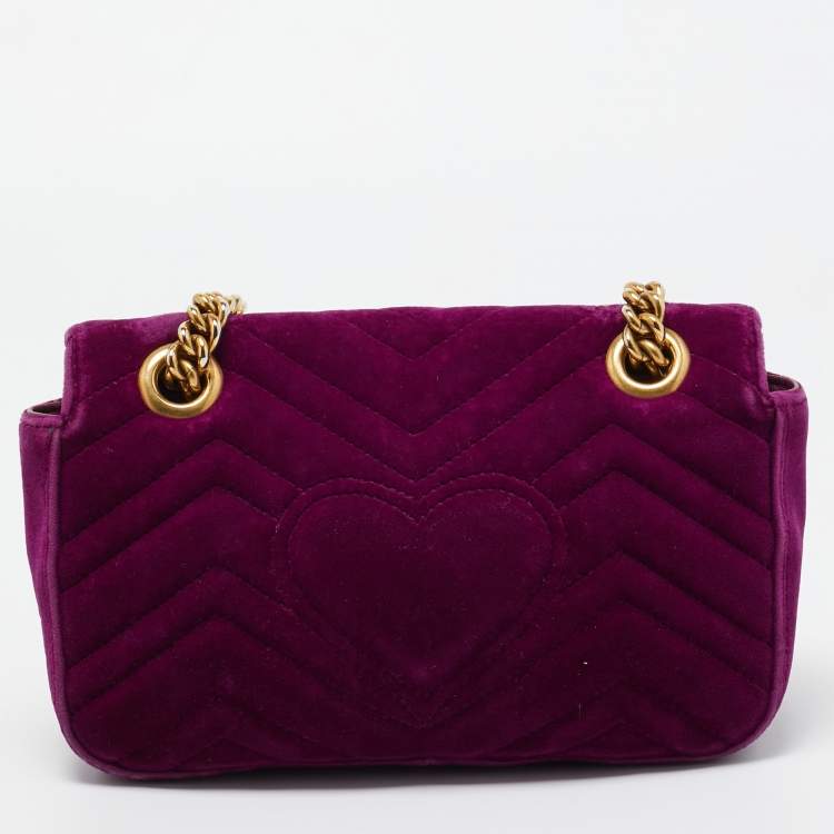 Pre Owned Gucci Magenta Matelassé Velver Mini GG Marmont Shoulder Bag