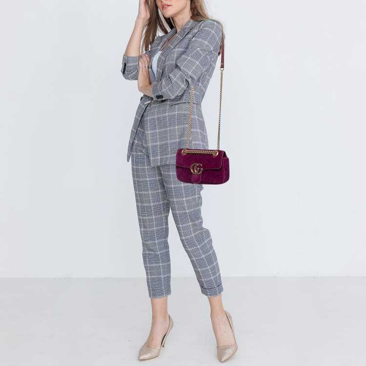 Pre Owned Gucci Magenta Matelassé Velver Mini GG Marmont Shoulder Bag