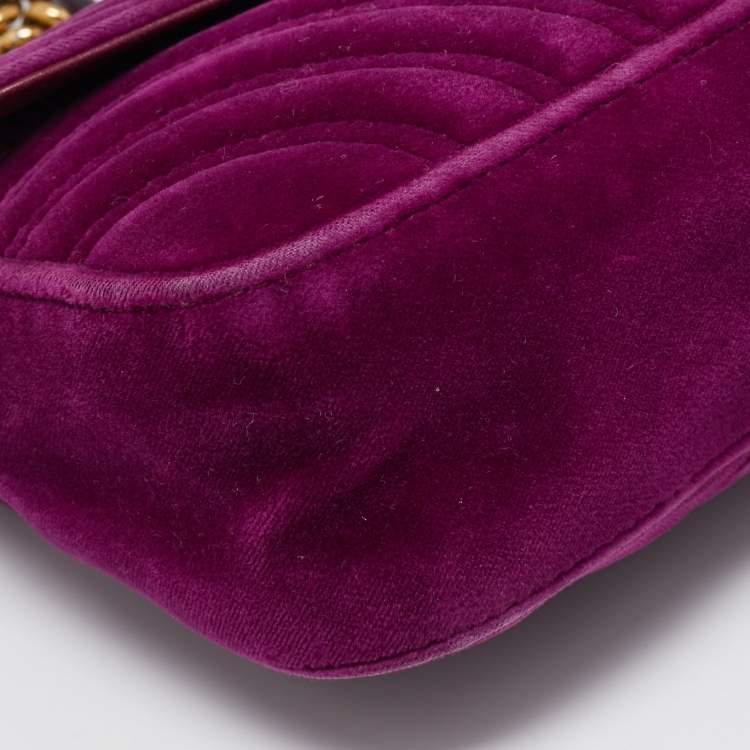 Pre Owned Gucci Magenta Matelassé Velver Mini GG Marmont Shoulder Bag