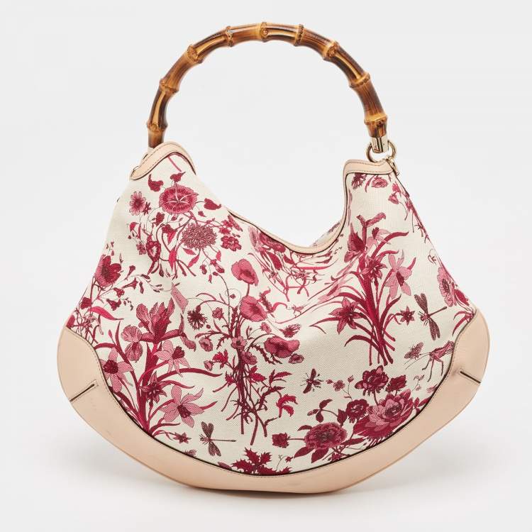 Pre Owned Gucci Beige/Pink Floral Canvas and Leather Peggy Bamboo Handle Hobo