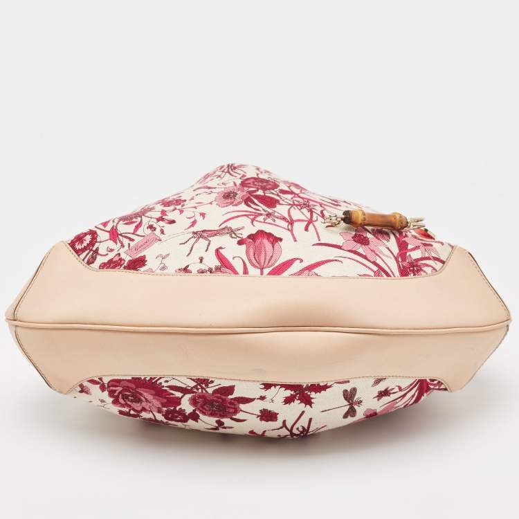Pre Owned Gucci Beige/Pink Floral Canvas and Leather Peggy Bamboo Handle Hobo