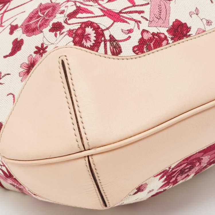 Pre Owned Gucci Beige/Pink Floral Canvas and Leather Peggy Bamboo Handle Hobo