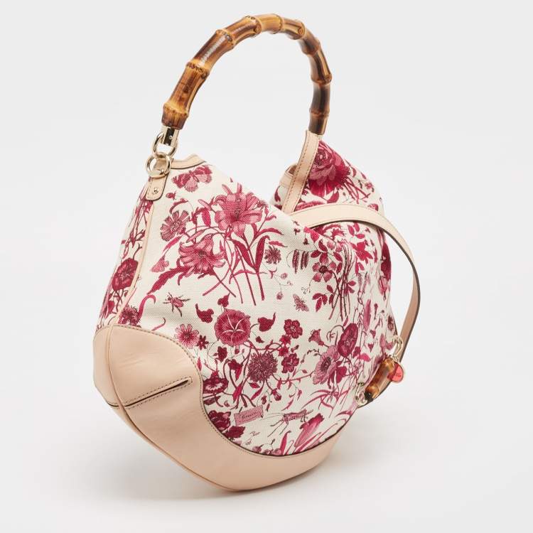 Pre Owned Gucci Beige/Pink Floral Canvas and Leather Peggy Bamboo Handle Hobo