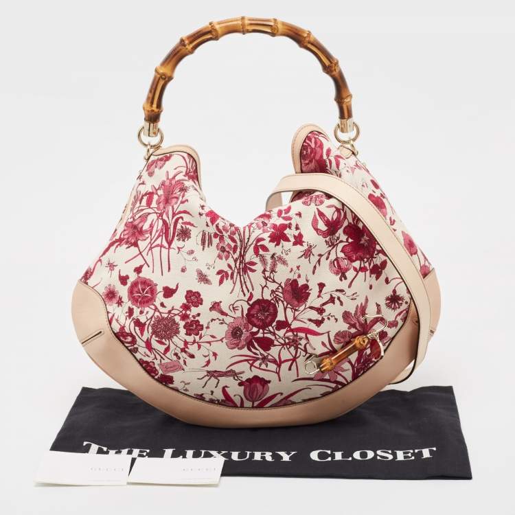 Pre Owned Gucci Beige/Pink Floral Canvas and Leather Peggy Bamboo Handle Hobo