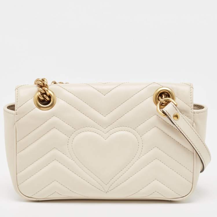 Pre Owned Gucci Off White Matelassé Leather Mini GG Marmont Shoulder Bag