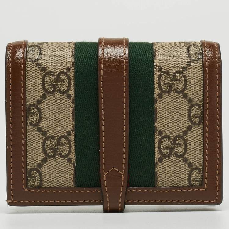 Pre Owned Gucci Tan/Beige GG Supreme Canvas and Leather Jackie 1961 Card Case Wallet