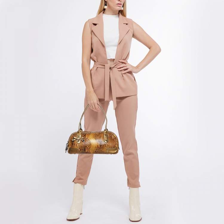 Pre Owned Gucci Gold/Brown Python and Leather Princy Boston Bag