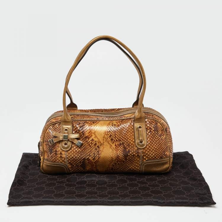 Pre Owned Gucci Gold/Brown Python and Leather Princy Boston Bag