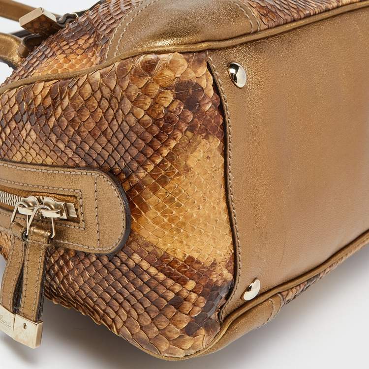 Pre Owned Gucci Gold/Brown Python and Leather Princy Boston Bag