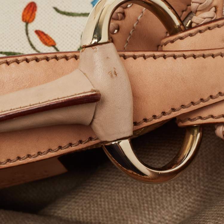 Pre Owned Gucci White Flora Canvas and Leather Small Horsebit Hobo    