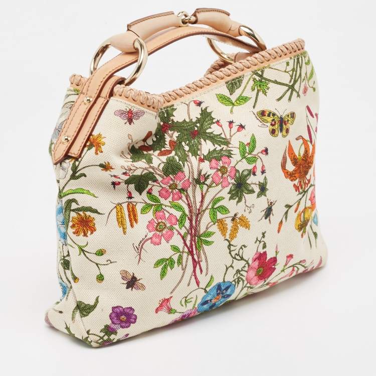 Pre Owned Gucci White Flora Canvas and Leather Small Horsebit Hobo    