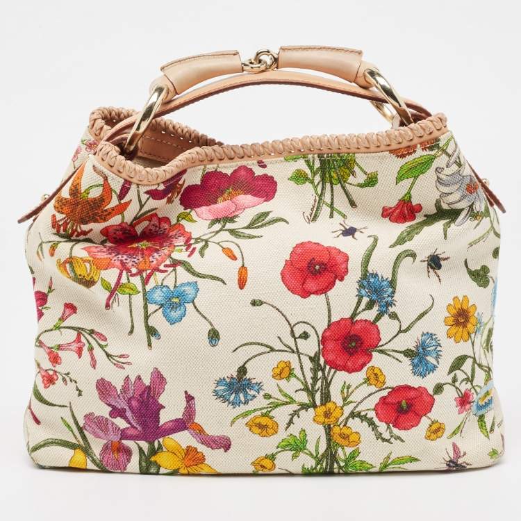 Pre Owned Gucci White Flora Canvas and Leather Small Horsebit Hobo    