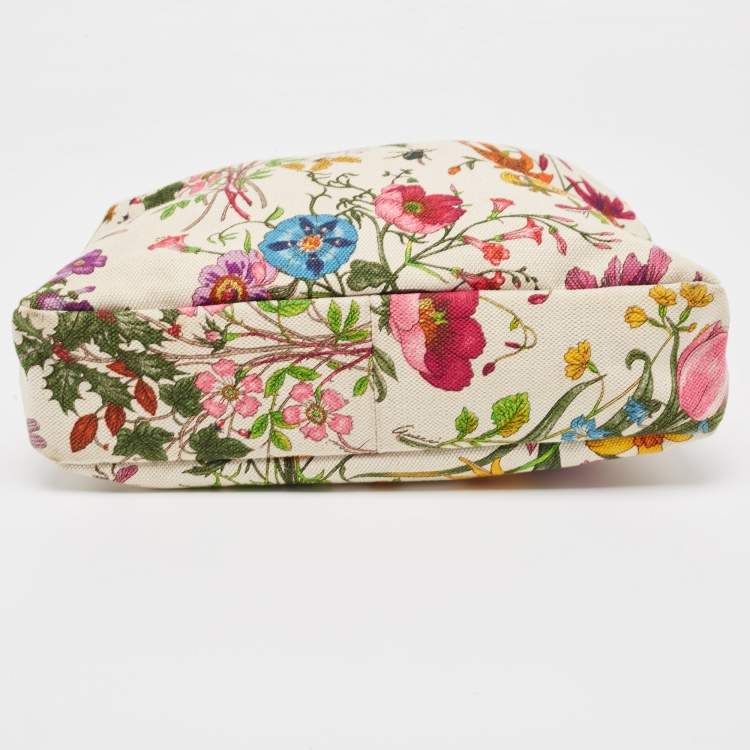 Pre Owned Gucci White Flora Canvas and Leather Small Horsebit Hobo    