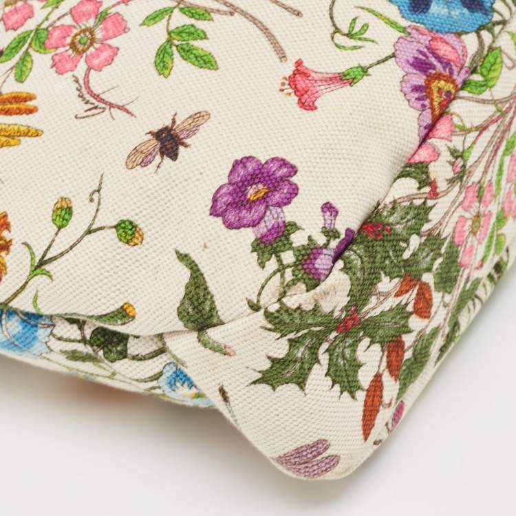 Pre Owned Gucci White Flora Canvas and Leather Small Horsebit Hobo    