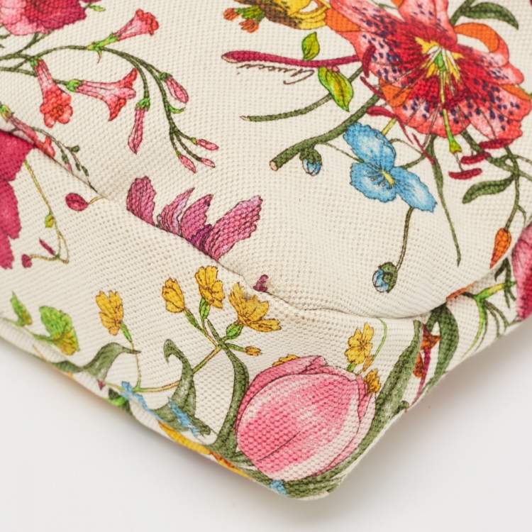 Pre Owned Gucci White Flora Canvas and Leather Small Horsebit Hobo    