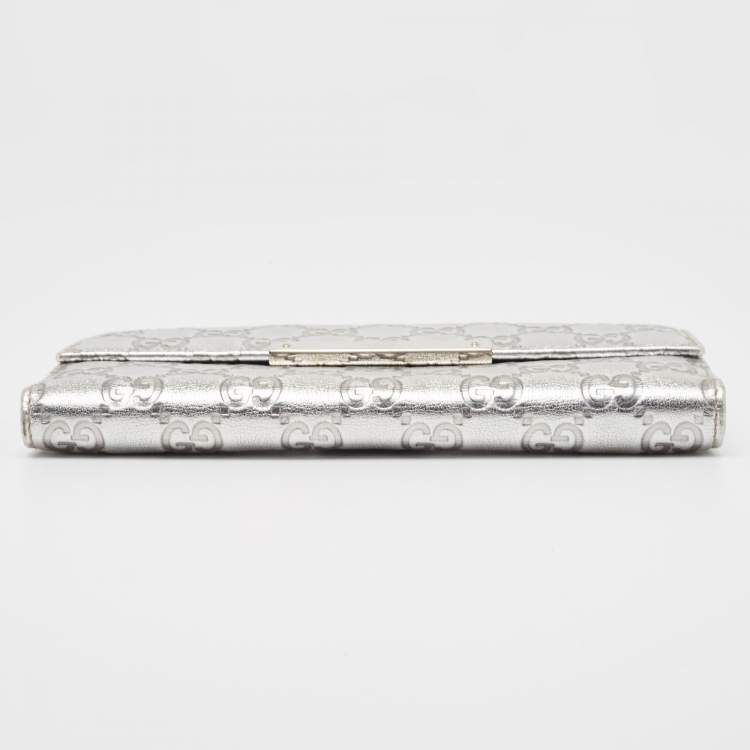 Pre Owned Gucci Silver Guccissima Leather Flap Continental Wallet