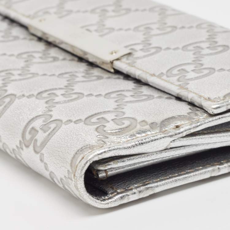 Pre Owned Gucci Silver Guccissima Leather Flap Continental Wallet