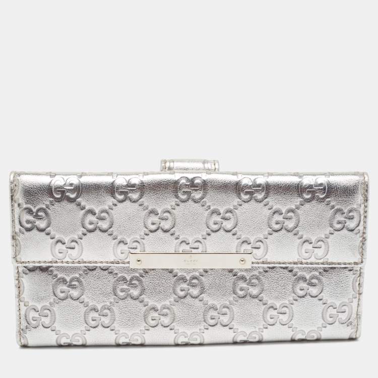 Pre Owned Gucci Silver Guccissima Leather Flap Continental Wallet