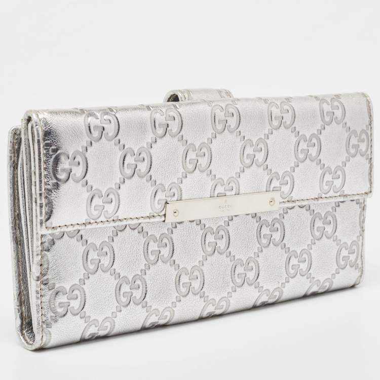 Pre Owned Gucci Silver Guccissima Leather Flap Continental Wallet