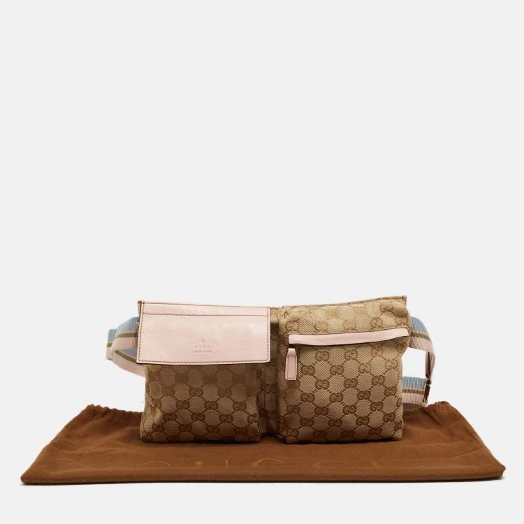Pre Owned Gucci Beige/Pink GG Canvas and Leather Double Pocket Belt Bag