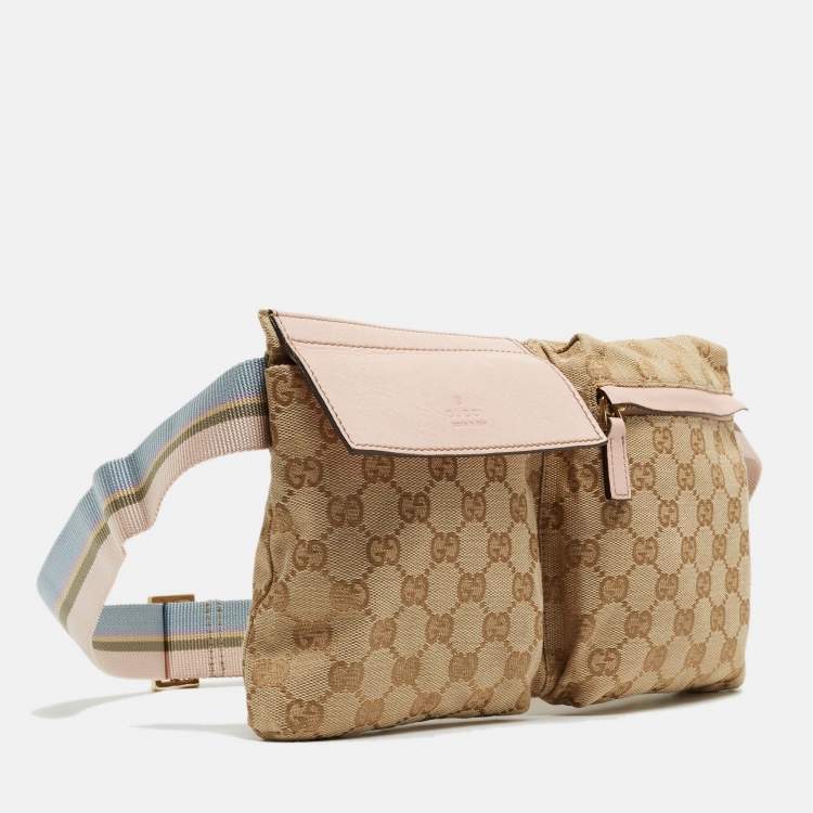 Pre Owned Gucci Beige/Pink GG Canvas and Leather Double Pocket Belt Bag