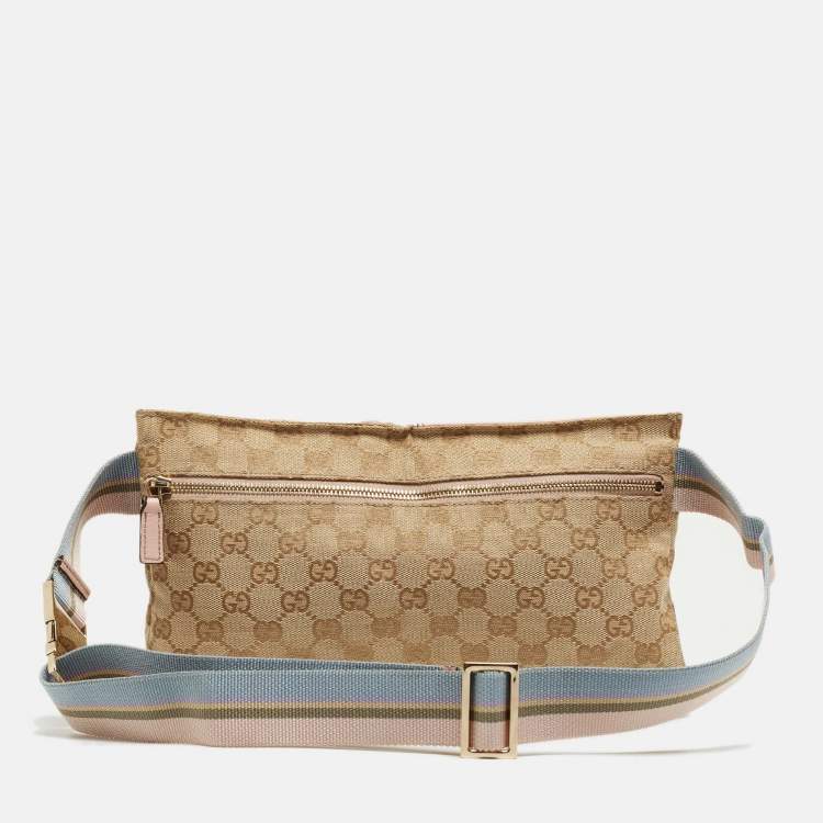 Pre Owned Gucci Beige/Pink GG Canvas and Leather Double Pocket Belt Bag