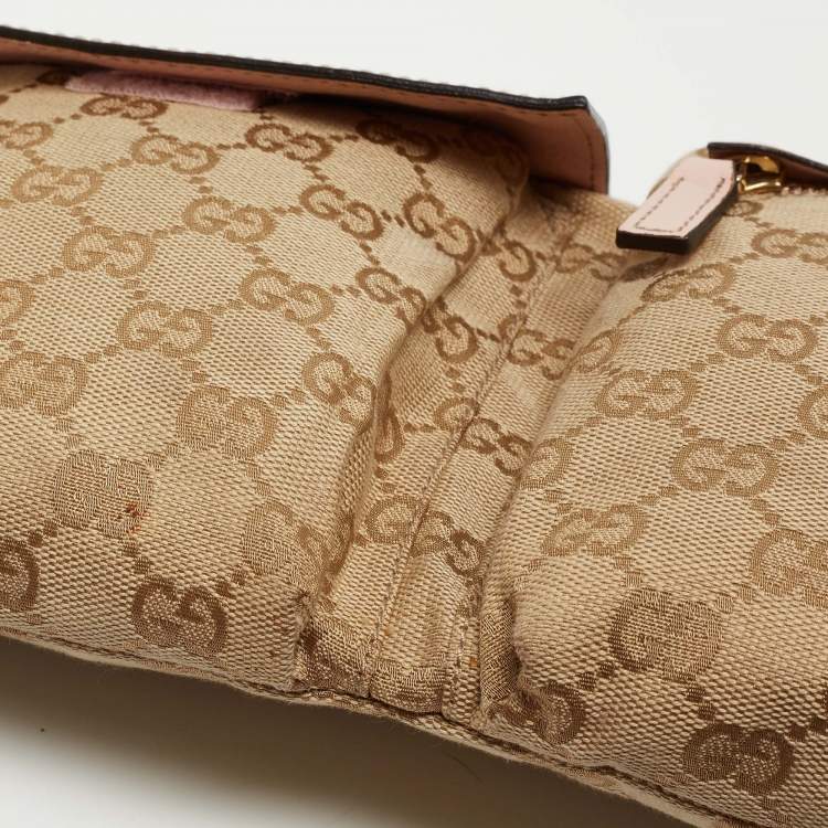 Pre Owned Gucci Beige/Pink GG Canvas and Leather Double Pocket Belt Bag