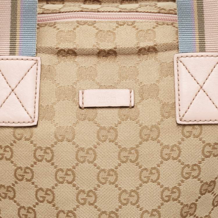 Pre Owned Gucci Pink/Beige GG Canvas and Leather Sherry Line Tote