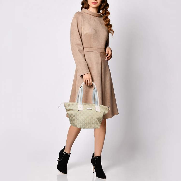 Pre Owned Gucci Pink/Beige GG Canvas and Leather Sherry Line Tote