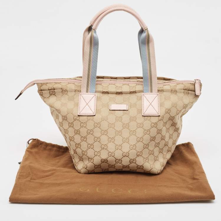 Pre Owned Gucci Pink/Beige GG Canvas and Leather Sherry Line Tote