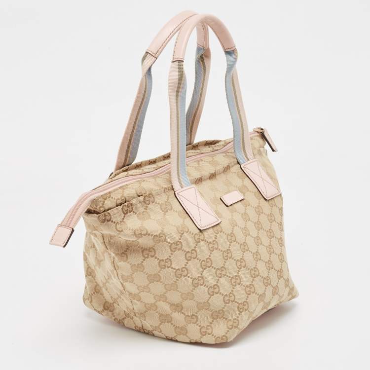 Pre Owned Gucci Pink/Beige GG Canvas and Leather Sherry Line Tote