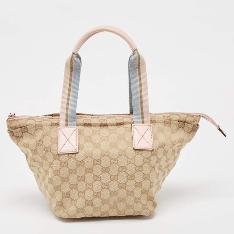 Pre Owned Gucci Pink/Beige GG Canvas and Leather Sherry Line Tote