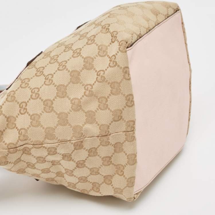 Pre Owned Gucci Pink/Beige GG Canvas and Leather Sherry Line Tote