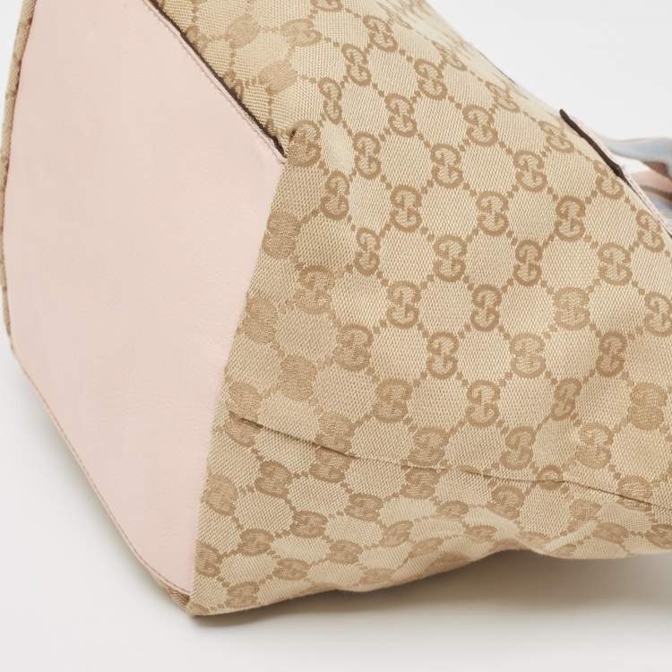 Pre Owned Gucci Pink/Beige GG Canvas and Leather Sherry Line Tote