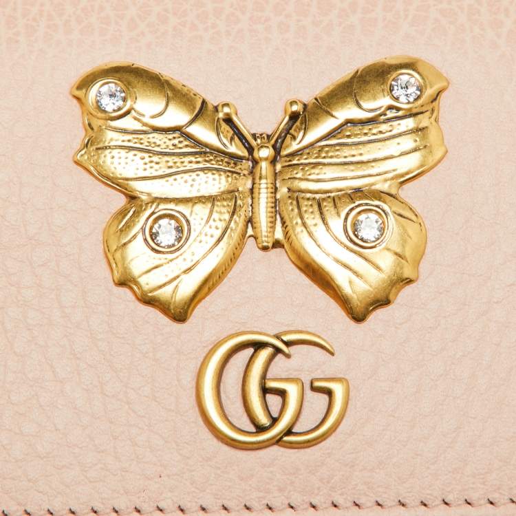Pre Owned Gucci Pink Leather GG Marmont Butterfly Bifold Wallet