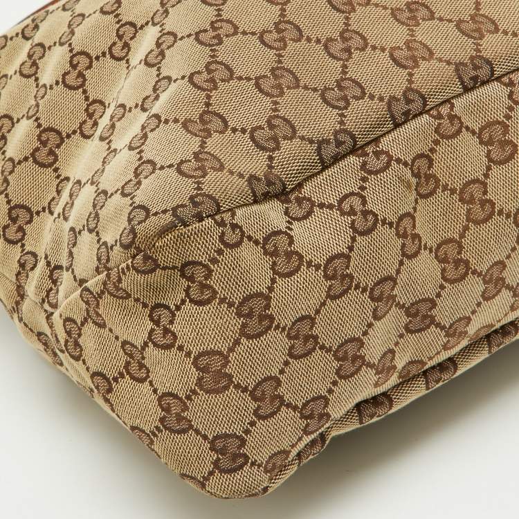 Pre Owned Gucci Beige/Brown GG Canvas and Leather Horsebit Handle Hobo