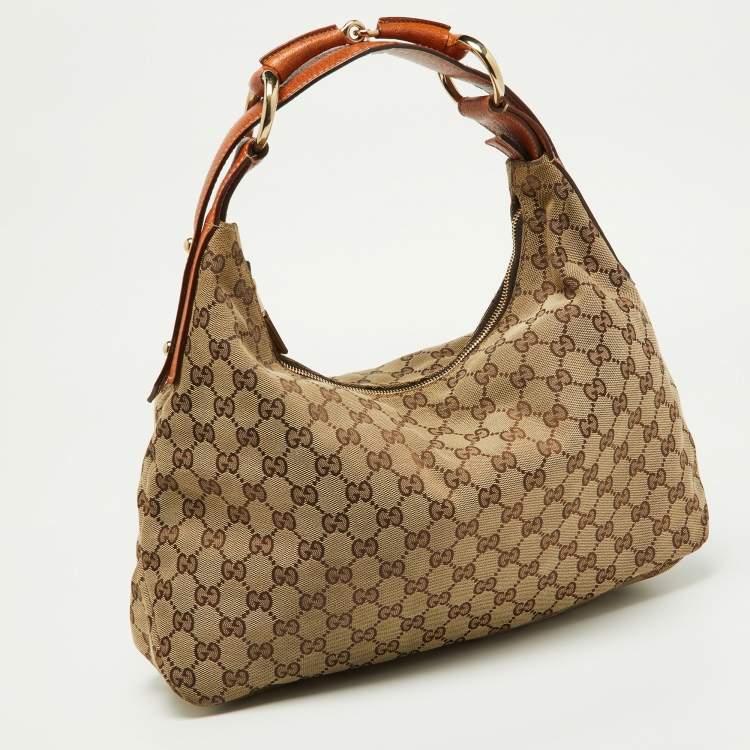 Pre Owned Gucci Beige/Brown GG Canvas and Leather Horsebit Handle Hobo