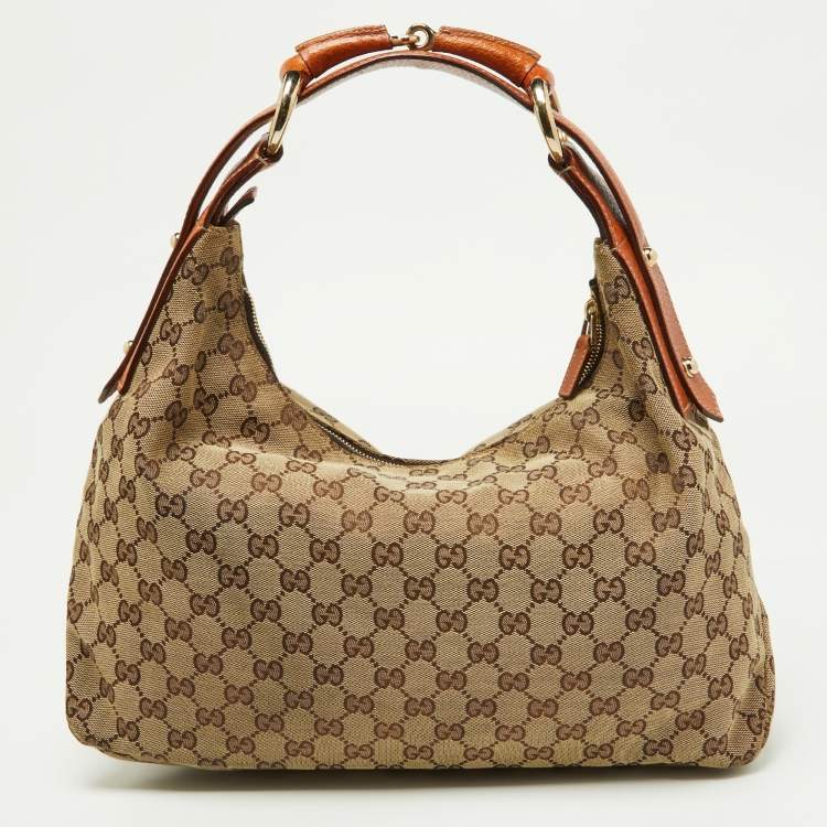Pre Owned Gucci Beige/Brown GG Canvas and Leather Horsebit Handle Hobo
