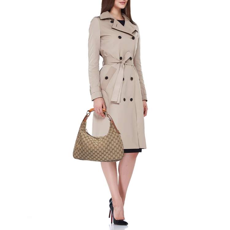 Pre Owned Gucci Beige/Brown GG Canvas and Leather Horsebit Handle Hobo