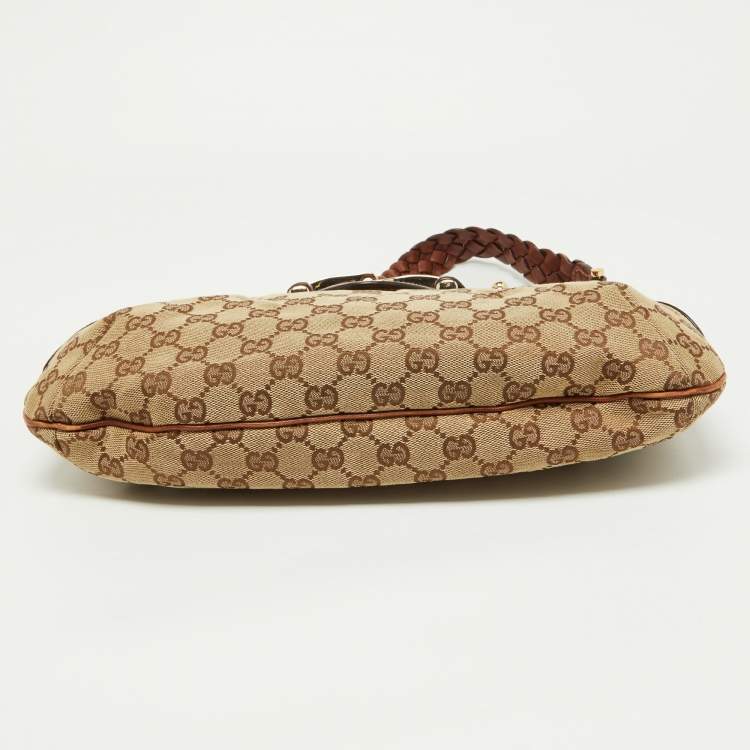 Pre Owned Gucci Brown/Beige GG Canvas and Leather Horsebit Flap Hobo
