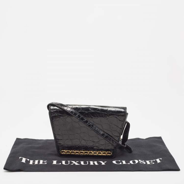 Pre Owned Gucci Black Crocodile Leather Interlocking GG Flap Crossbody Bag
