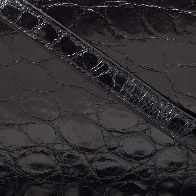Pre Owned Gucci Black Crocodile Leather Interlocking GG Flap Crossbody Bag