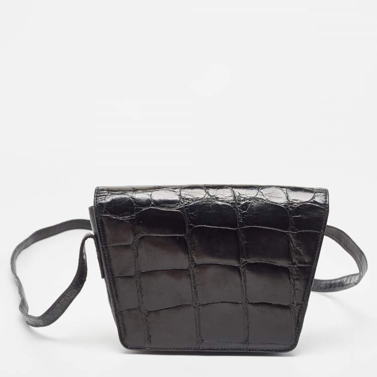 Pre Owned Gucci Black Crocodile Leather Interlocking GG Flap Crossbody Bag