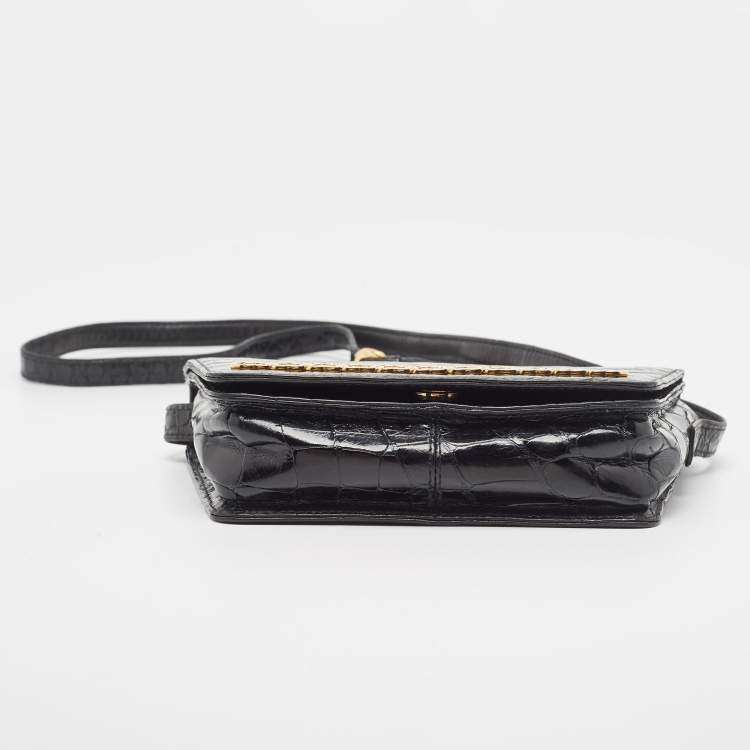 Pre Owned Gucci Black Crocodile Leather Interlocking GG Flap Crossbody Bag