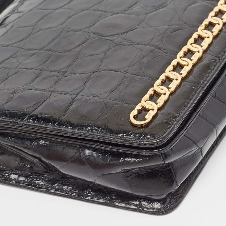 Pre Owned Gucci Black Crocodile Leather Interlocking GG Flap Crossbody Bag