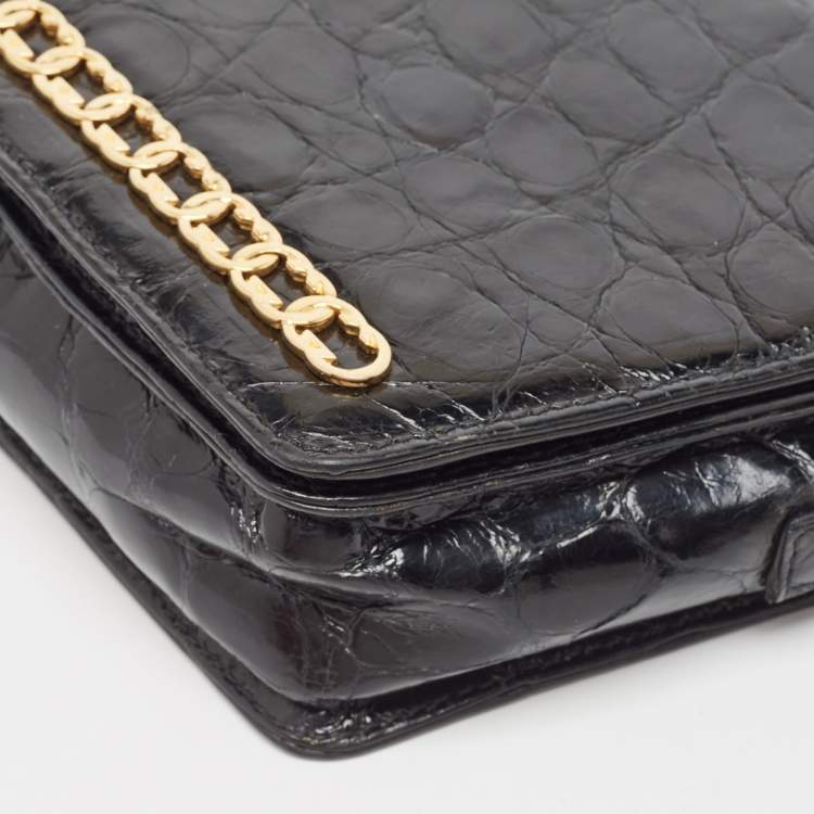 Pre Owned Gucci Black Crocodile Leather Interlocking GG Flap Crossbody Bag