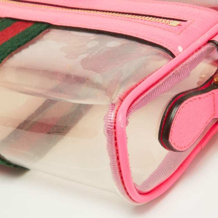 Pre Owned Gucci Neon Pink Leather and PVC Mini Ophidia Crossbody Bag