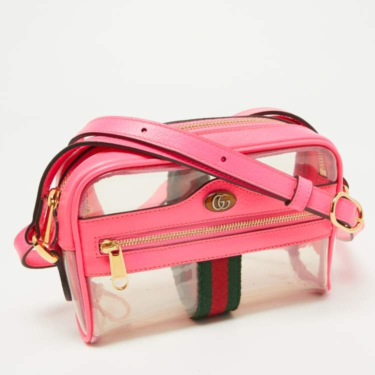 Pre Owned Gucci Neon Pink Leather and PVC Mini Ophidia Crossbody Bag